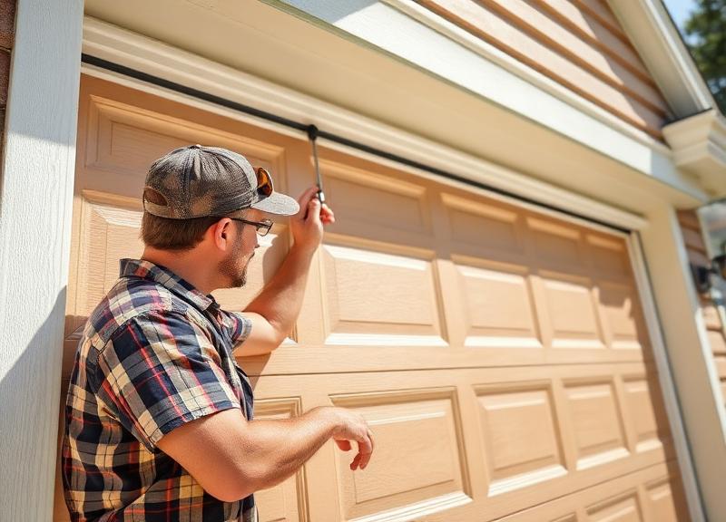 Homeowner inspecting garage door weatherstripping during summer