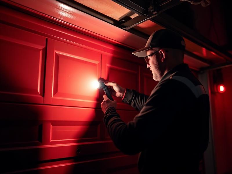 Emergency garage door repair service at night by professional technician