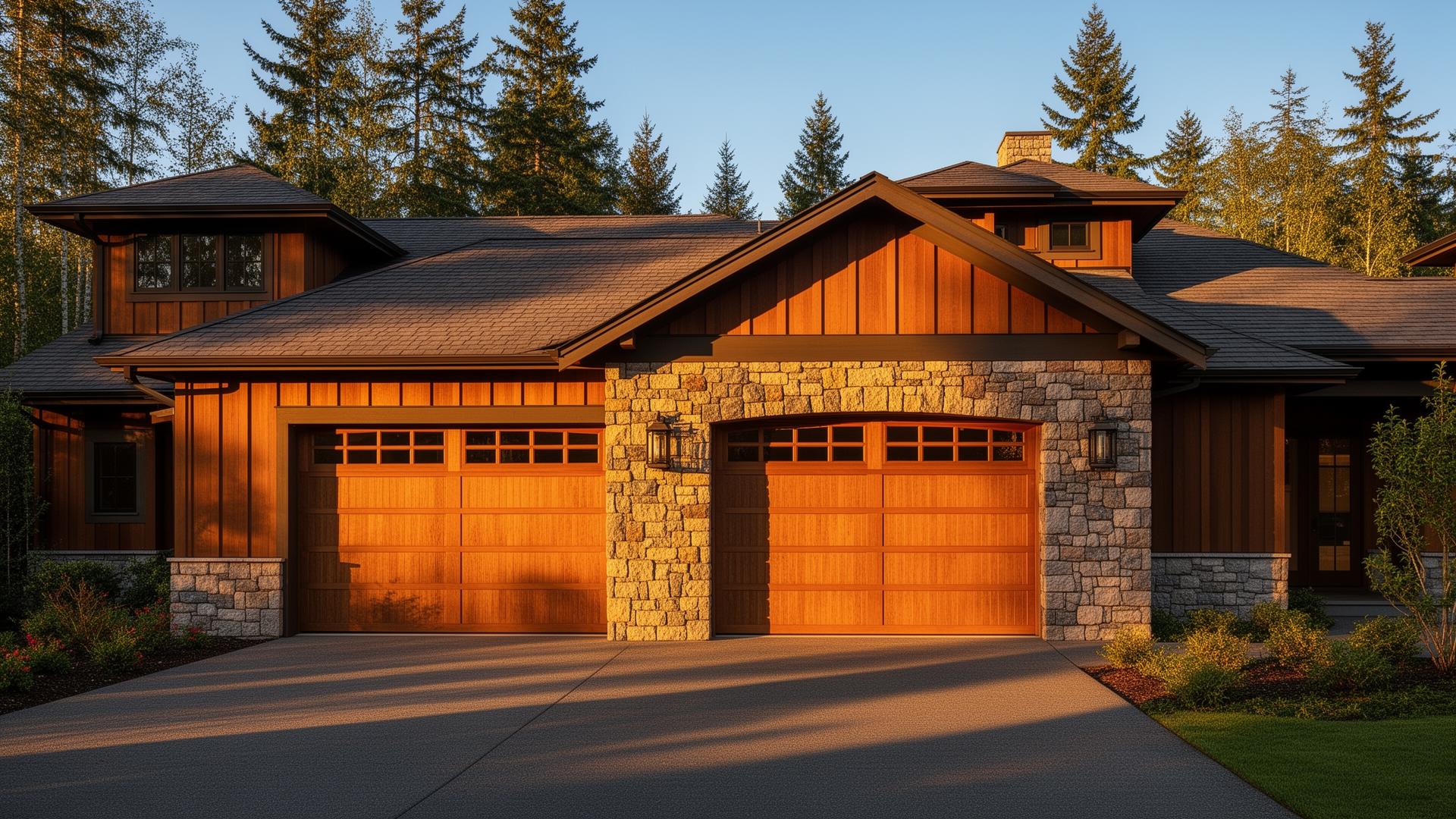 Premium Tuscan inspired garage doors with elegant stone surround on luxury home in Sunset Beach