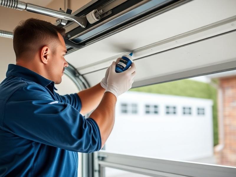 Technician performing garage door maintenance and lubrication service